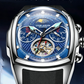 Quarz-Chronograph mit zwei kleinen Zifferblättern und skelettiertem Schwungrad