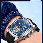 Quarz-Chronograph mit zwei kleinen Zifferblättern und skelettiertem Schwungrad