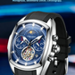Quarz-Chronograph mit zwei kleinen Zifferblättern und skelettiertem Schwungrad
