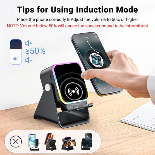 🔥Begrenzten 50%-Rabatts!🔥 5-in-1 Kabelloser Bluetooth-Lautsprecher mit Induktionsfunktion und verstellbarer Handyhalterung