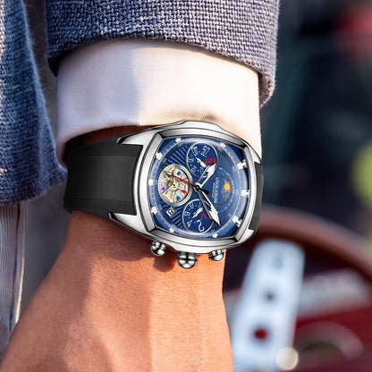 Quarz-Chronograph mit zwei kleinen Zifferblättern und skelettiertem Schwungrad